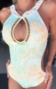 Bodysuit prints with pearls swimwear
