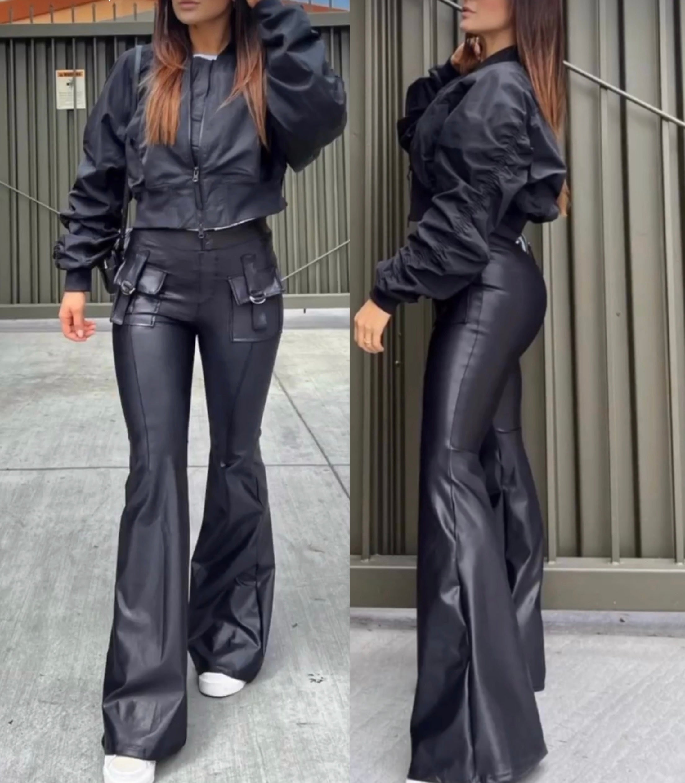 Black Wide boot Legging with Pocket effect leather