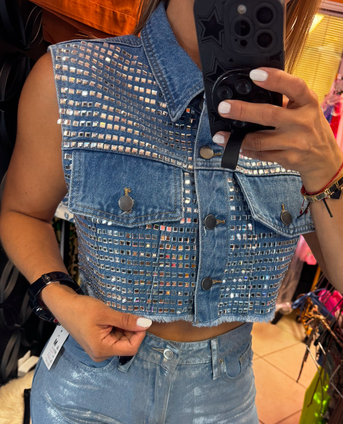 Glam Denim Vest/Women's Shiny Small Mirror