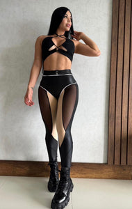 Legging casual black and beige glossy with Mesh