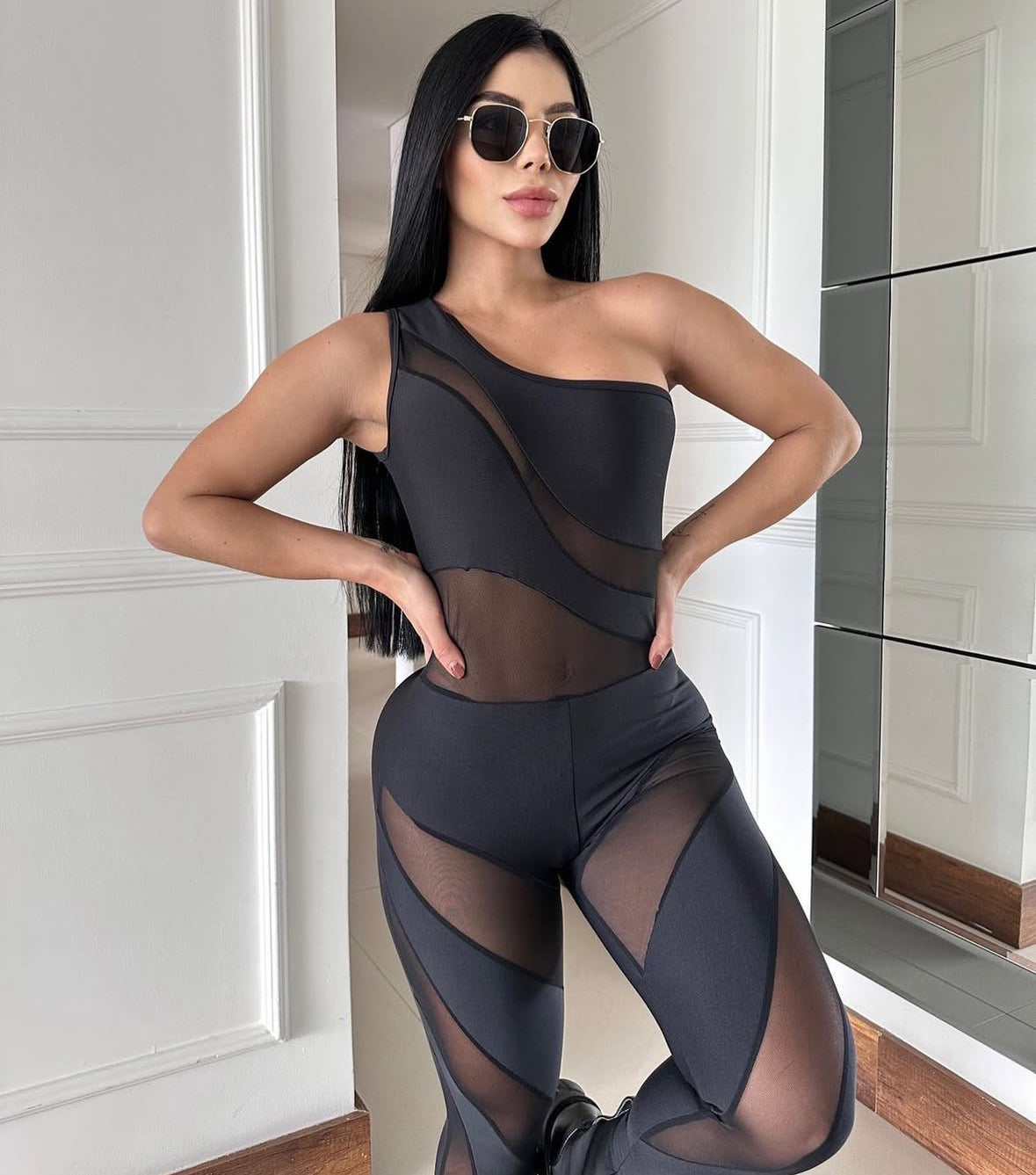 Fashion black Jumpsuit side with transparency
