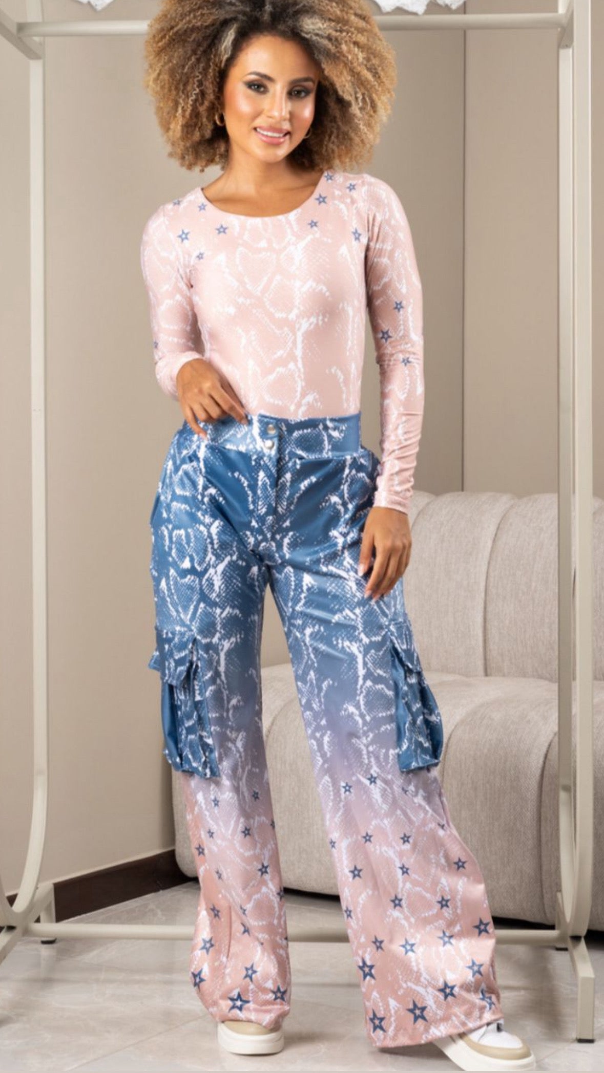 Fashion set Pant cargo Snake stars effect leather with body mesh