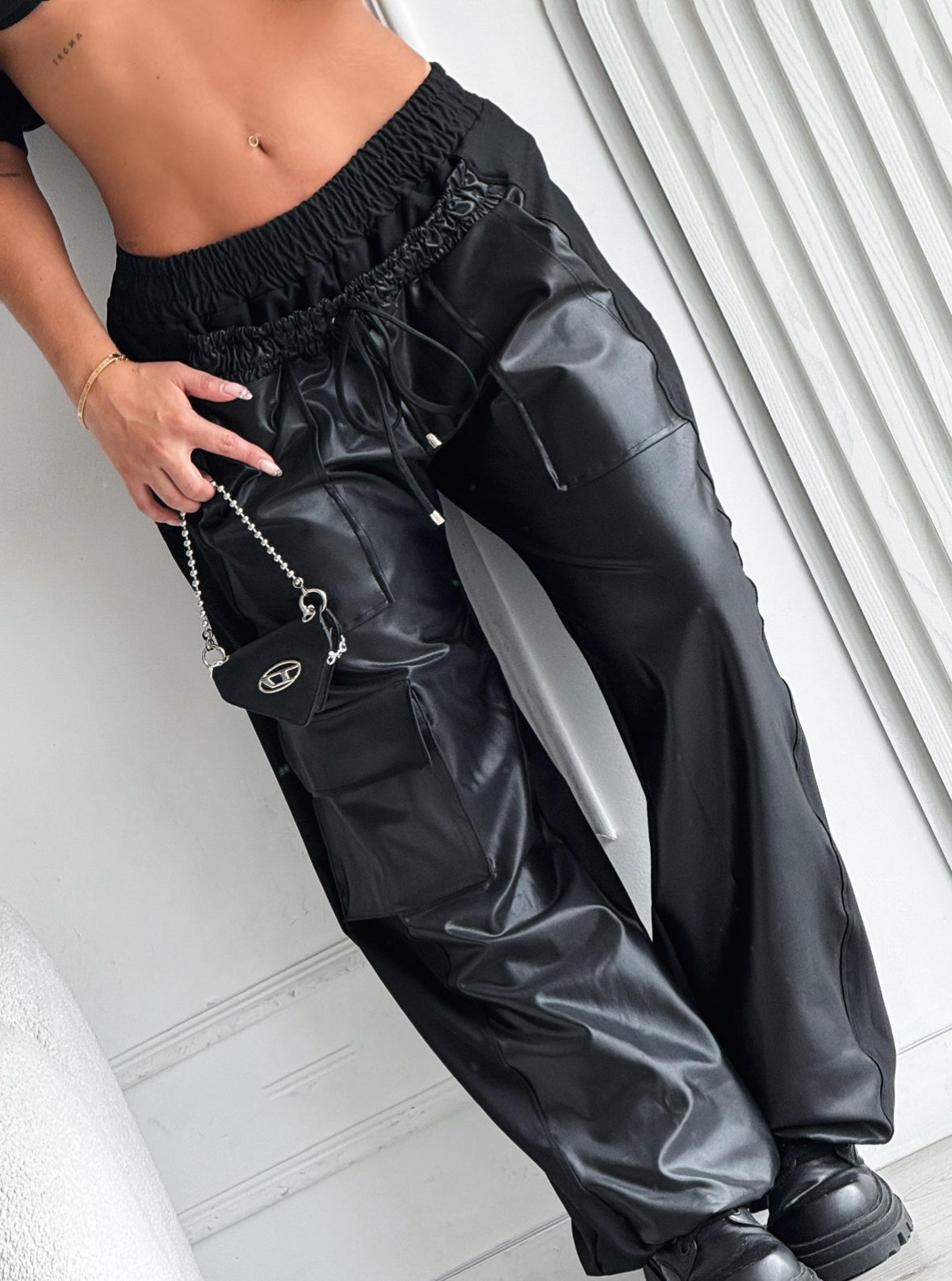 Fashion black double waistband glossy pants