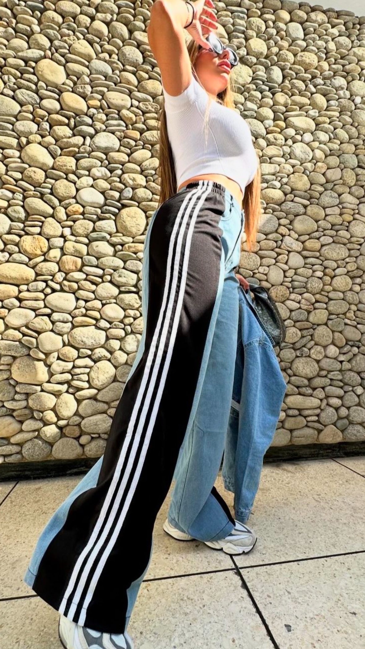 Denim pants with black and white stripes (Small)