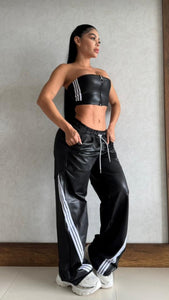 Set black leather effect pants bell side stripes