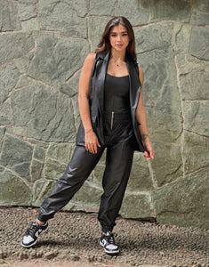 Fashion jogger set black effect leather-3 pieces
