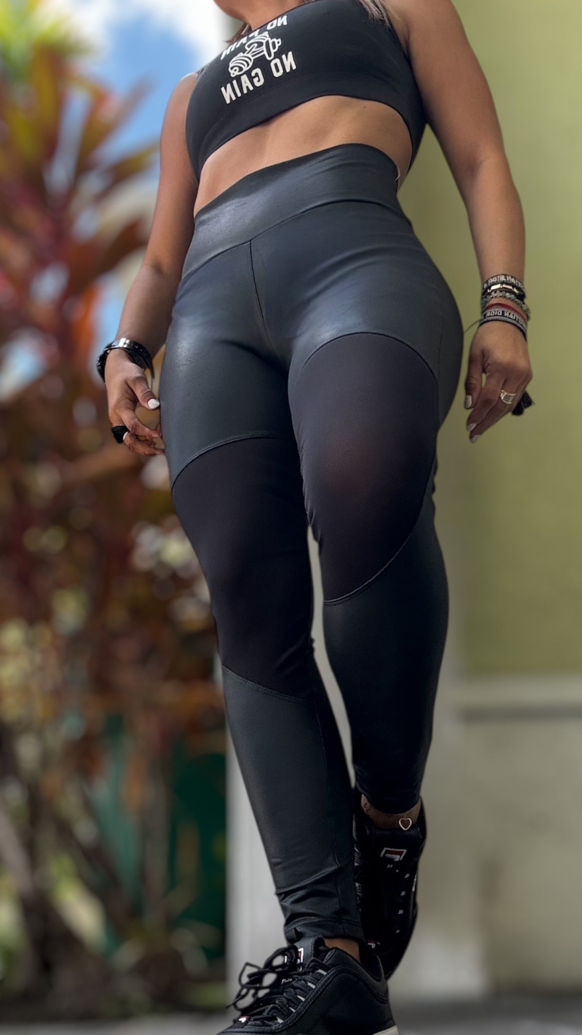 Legging black transparency style effect leather