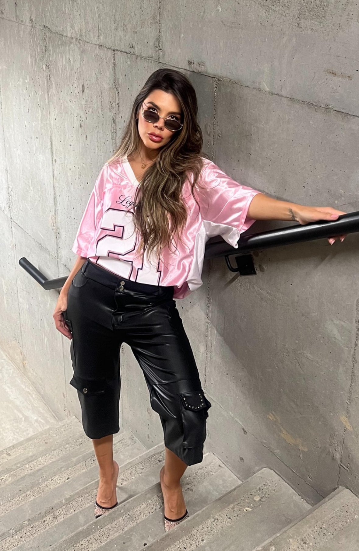 Bermuda black effect glossy studded pockets and button