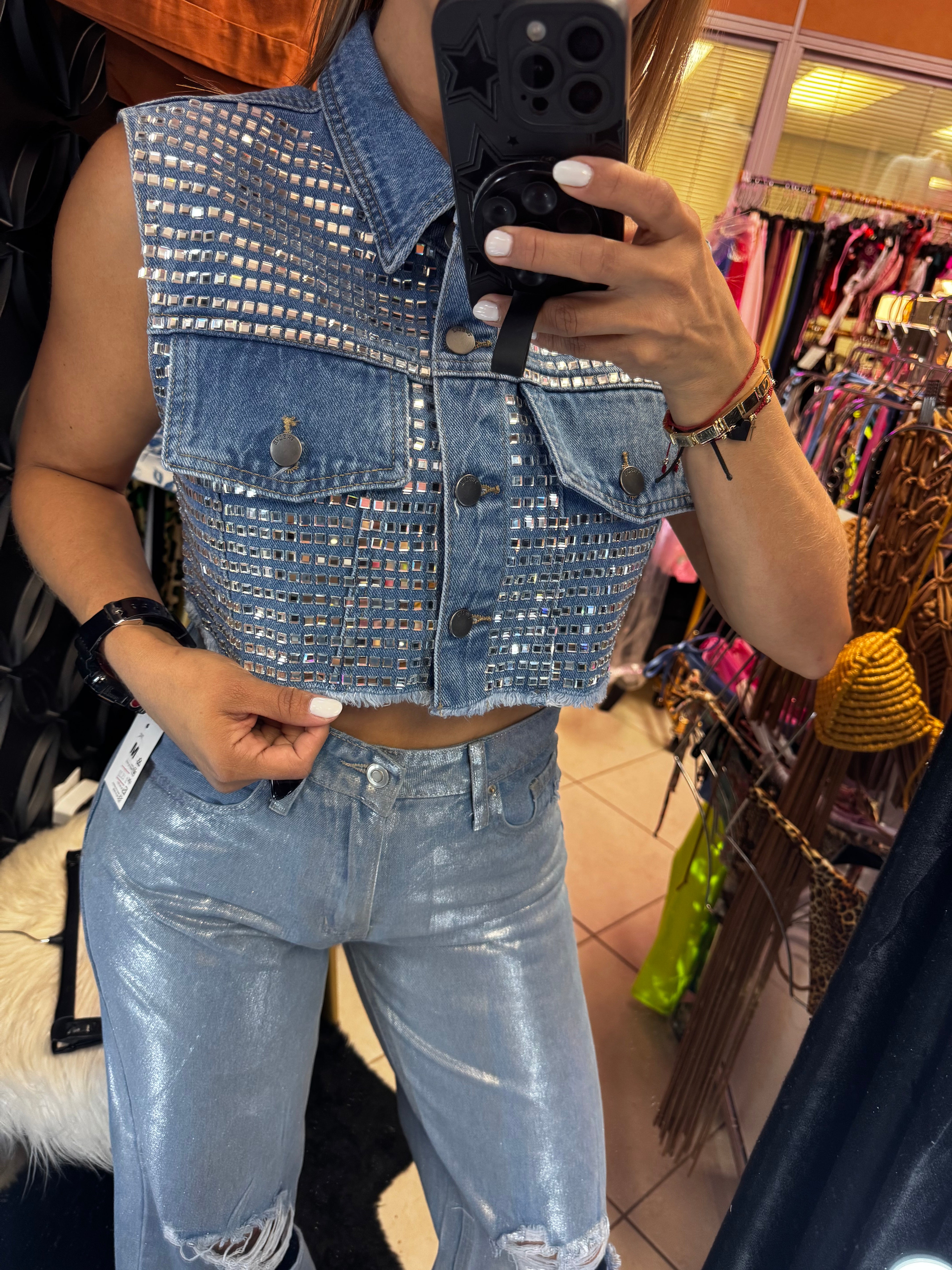 Glam Denim Vest/Women's Shiny Small Mirror