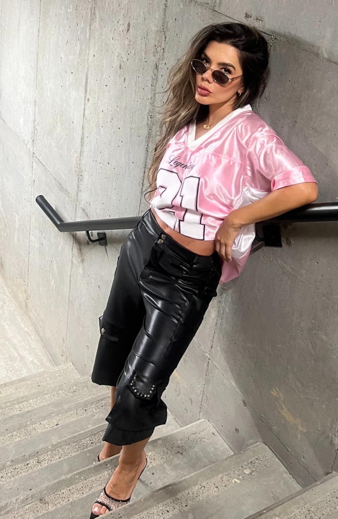 Bermuda black effect glossy studded pockets and button