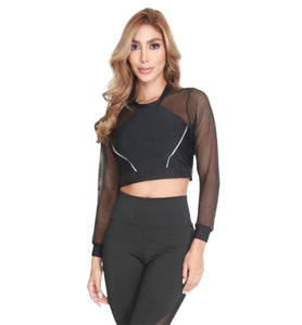 Long sleeve Mesh crop top power black