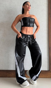 Set black leather effect pants bell side stripes