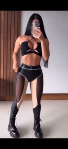 Legging casual black and beige glossy with Mesh