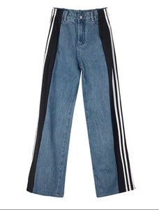 Denim pants with black and white stripes (Small)