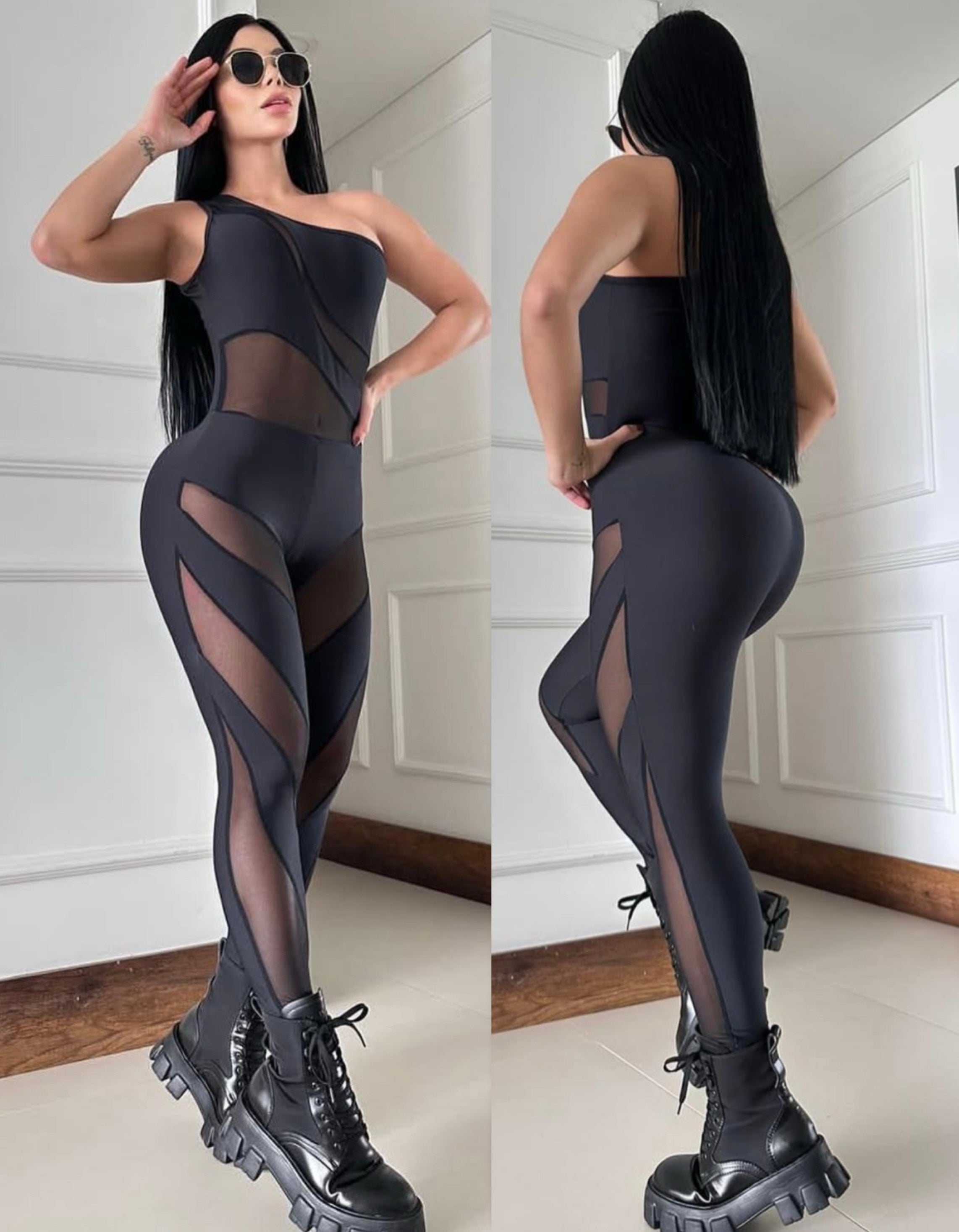 Fashion black Jumpsuit side with transparency