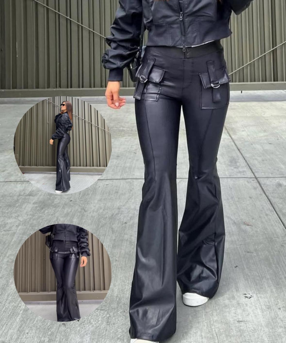 Black Wide boot Legging with Pocket effect leather