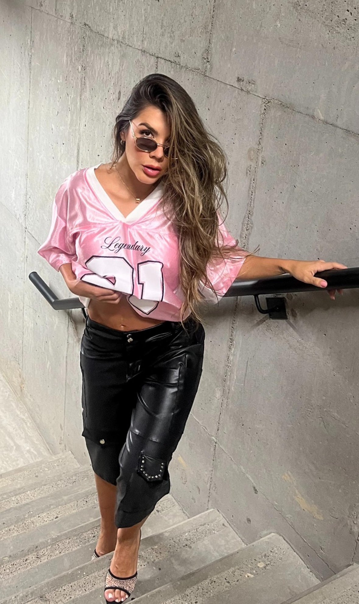 Bermuda black effect glossy studded pockets and button