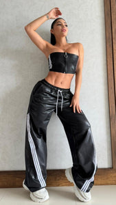 Set black leather effect pants bell side stripes
