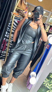 Fashion jogger set black effect leather-3 pieces