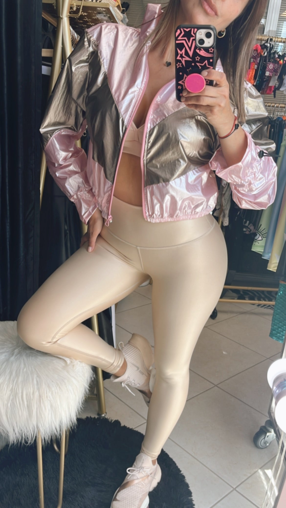 Beige color leggings effect leather basic