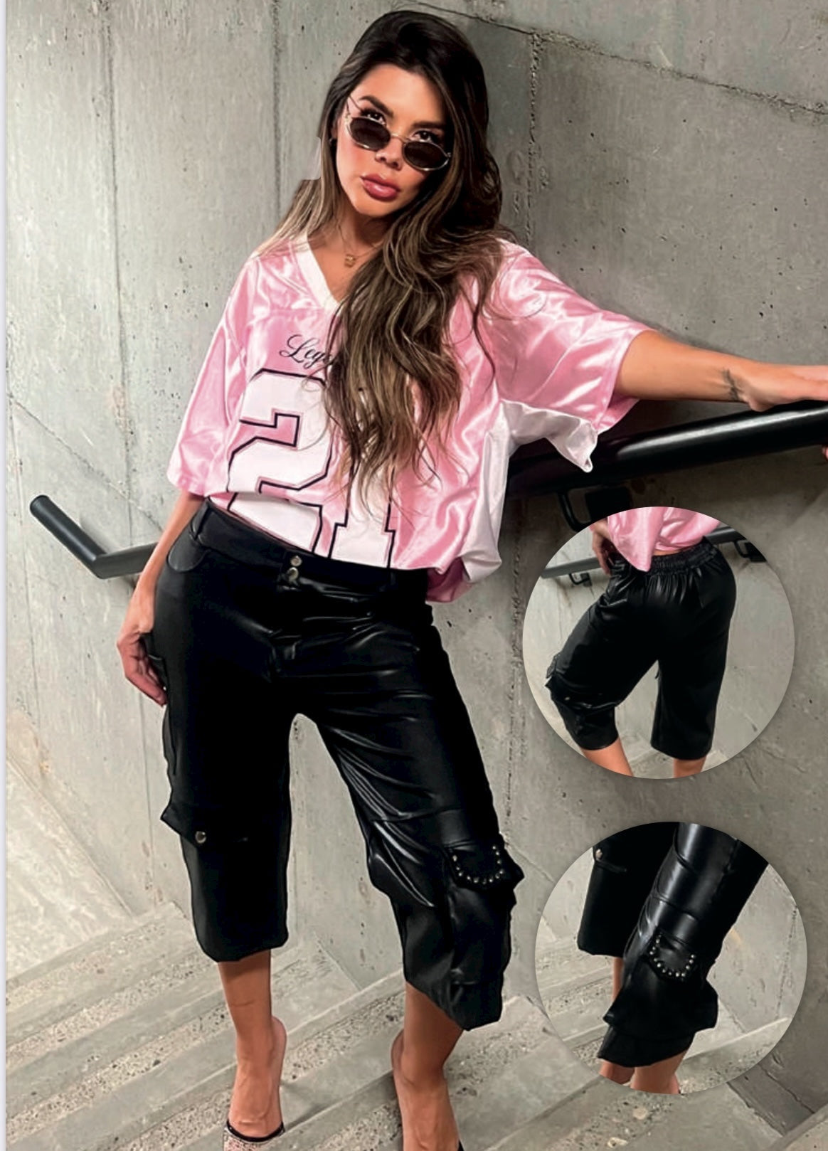 Bermuda black effect glossy studded pockets and button