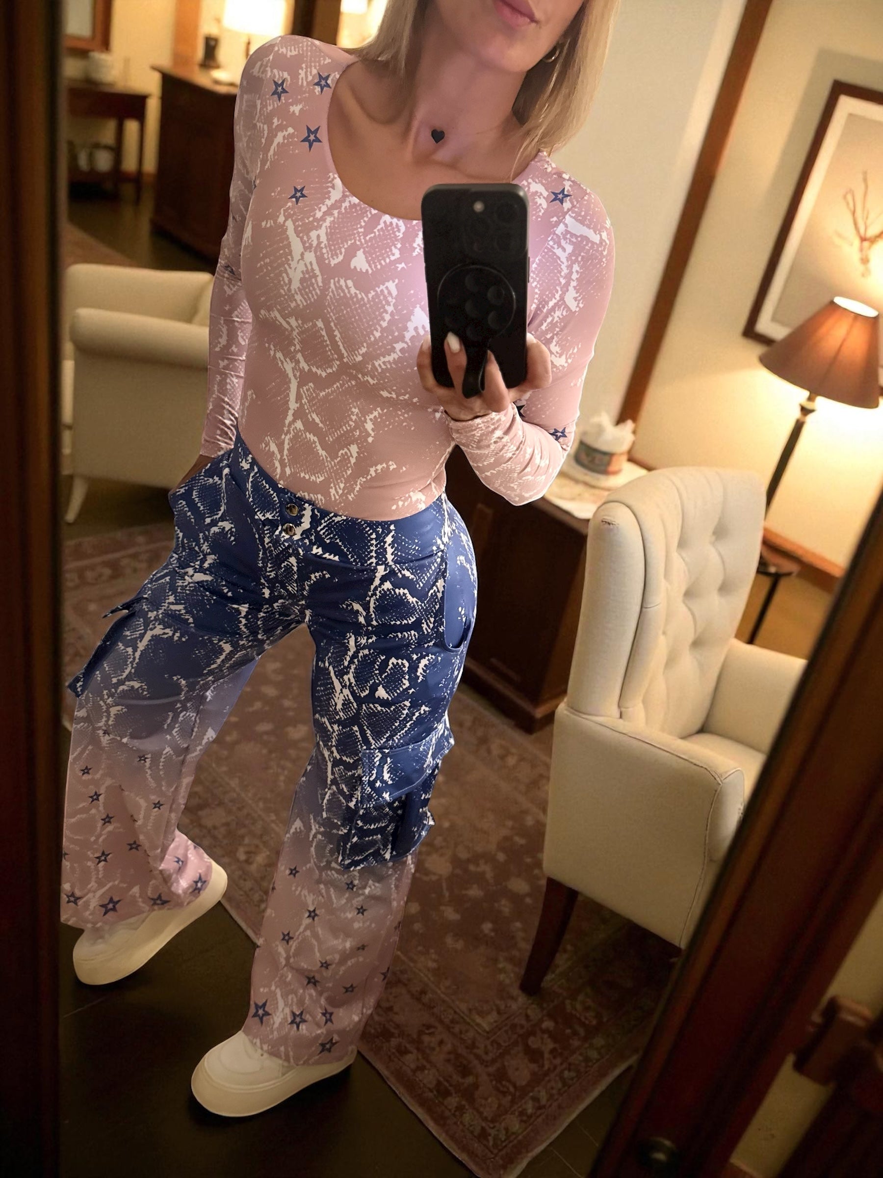 Fashion set Pant cargo Snake stars effect leather with body mesh