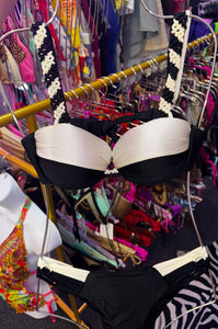 Black and white strapless swimsuit