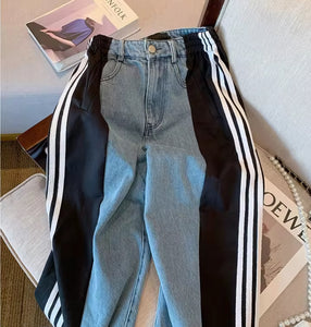 Denim pants with black and white stripes (Small)