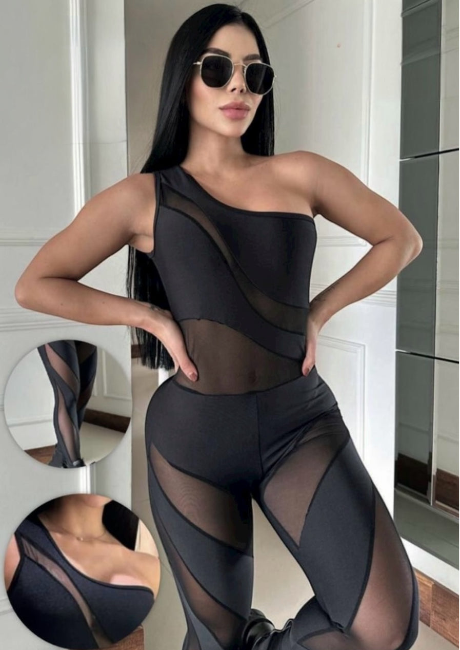 Fashion black Jumpsuit side with transparency