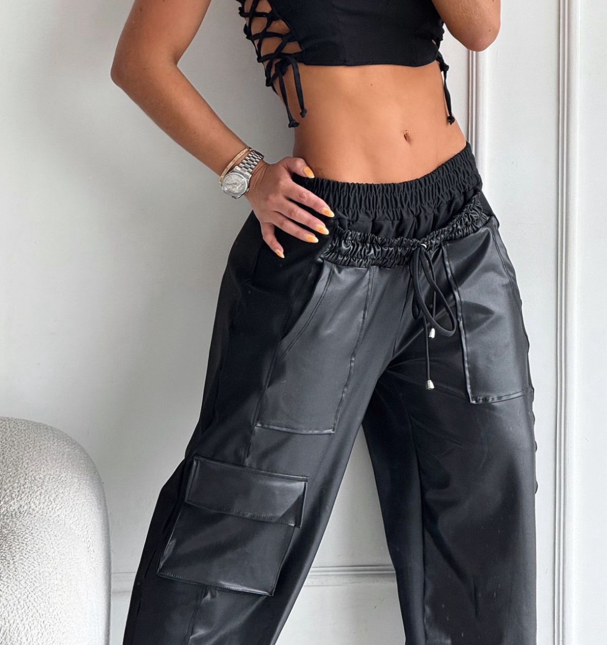 Fashion black double waistband glossy pants