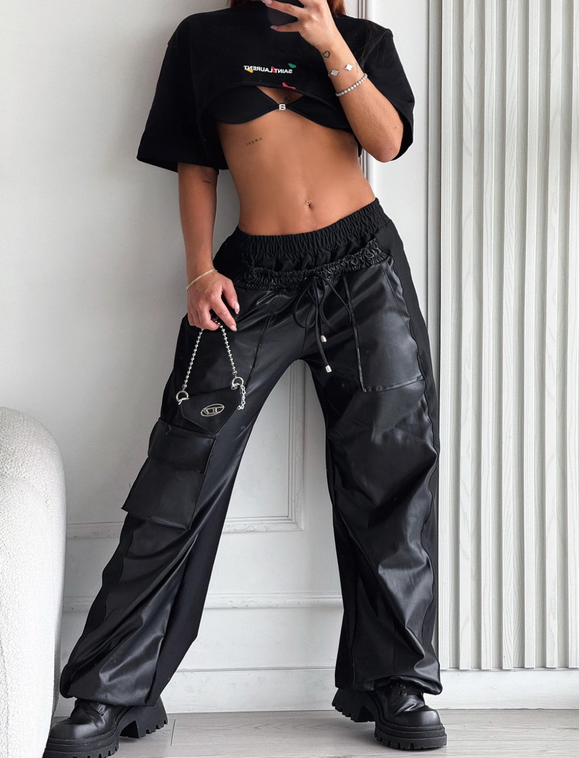 Fashion black double waistband glossy pants