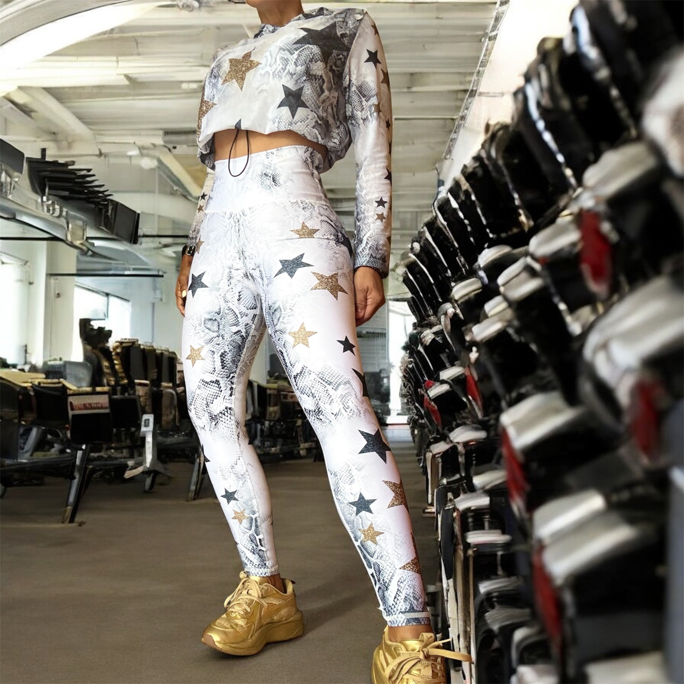 Sport Set white Snake with stars golg - legging and Mesh