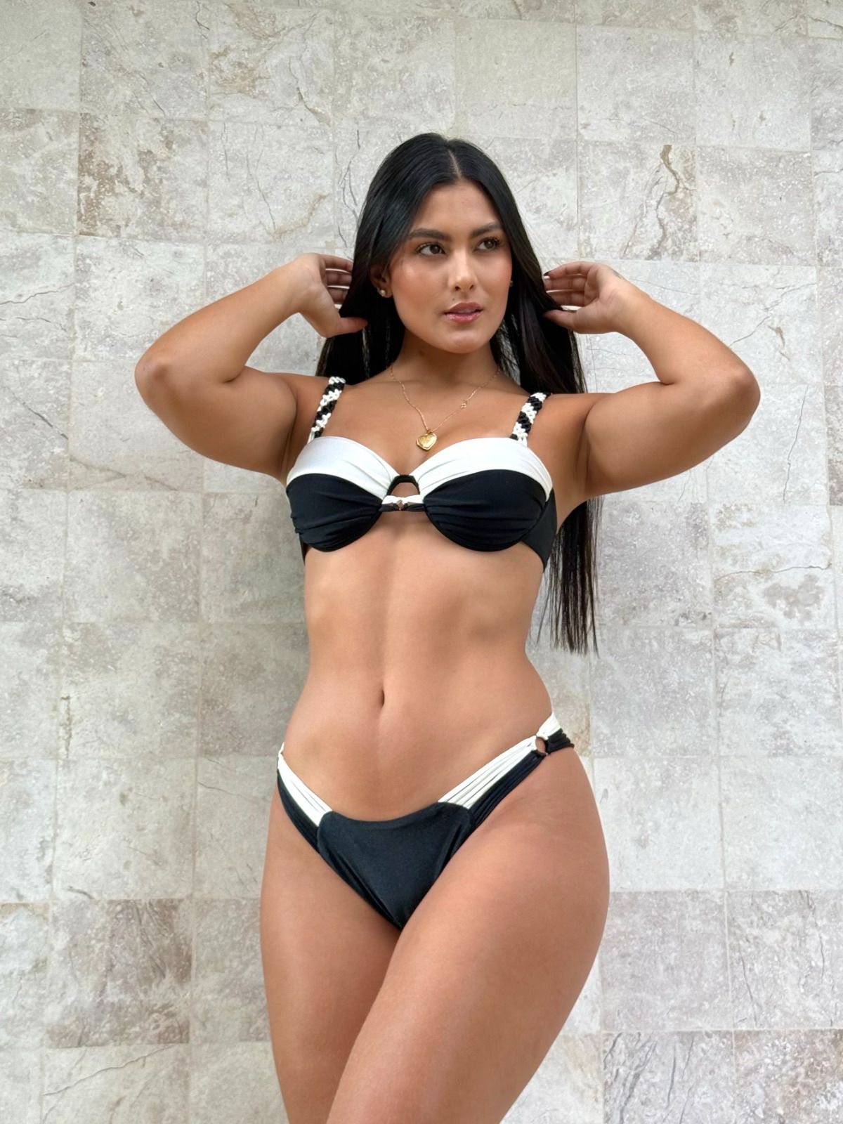 Black and white strapless swimsuit