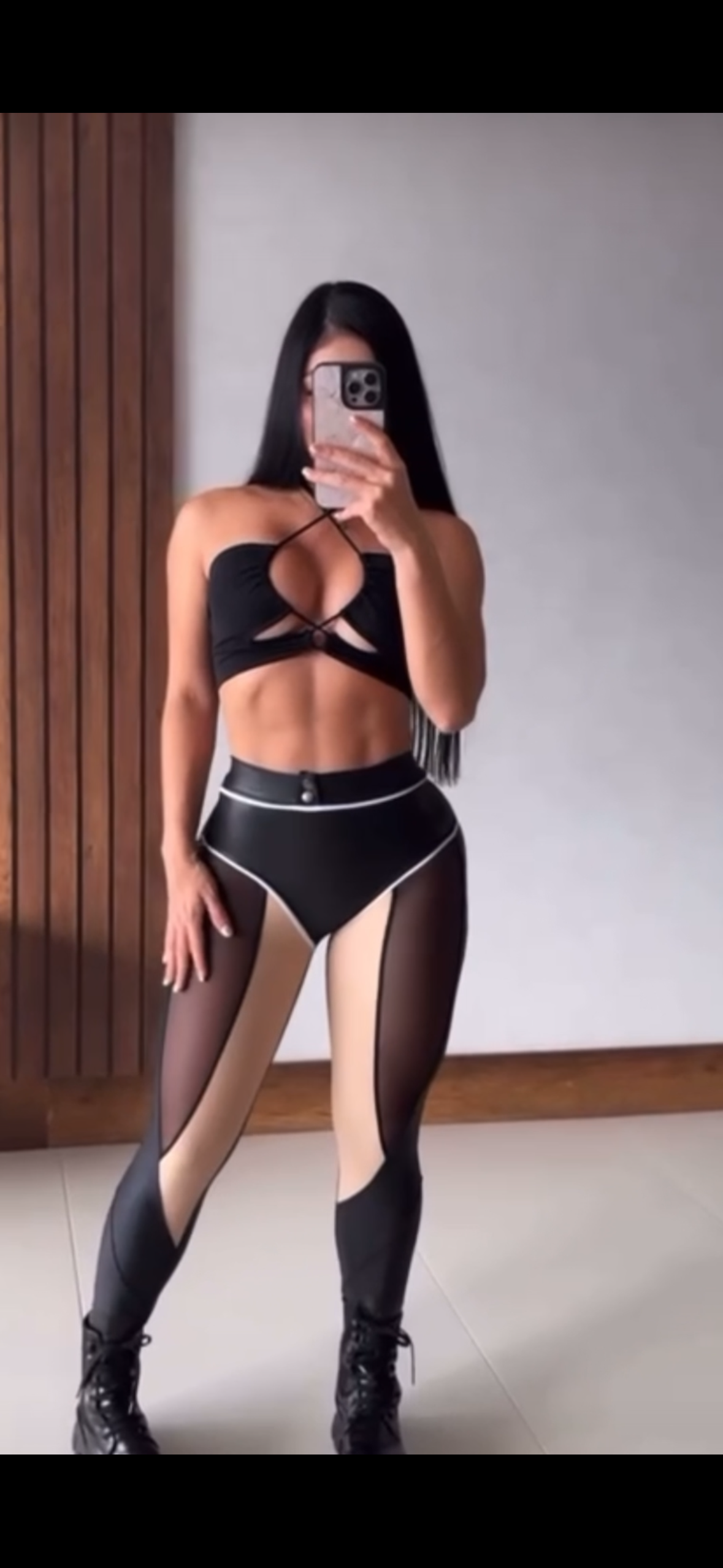 Legging casual black and beige glossy with Mesh