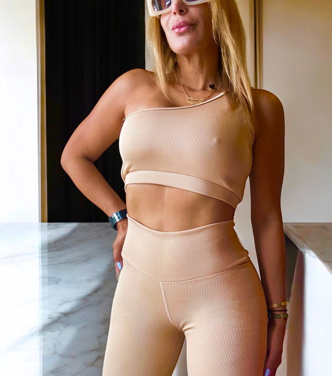 Sports beige set ribbed texture