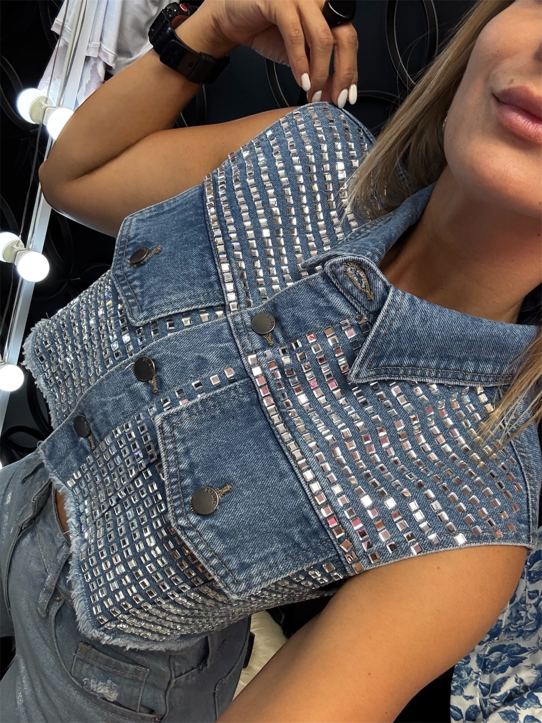 Glam Denim Vest/Women's Shiny Small Mirror