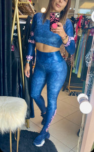 Sport set stars blue effect leather (long sleeve crop top and Legging)