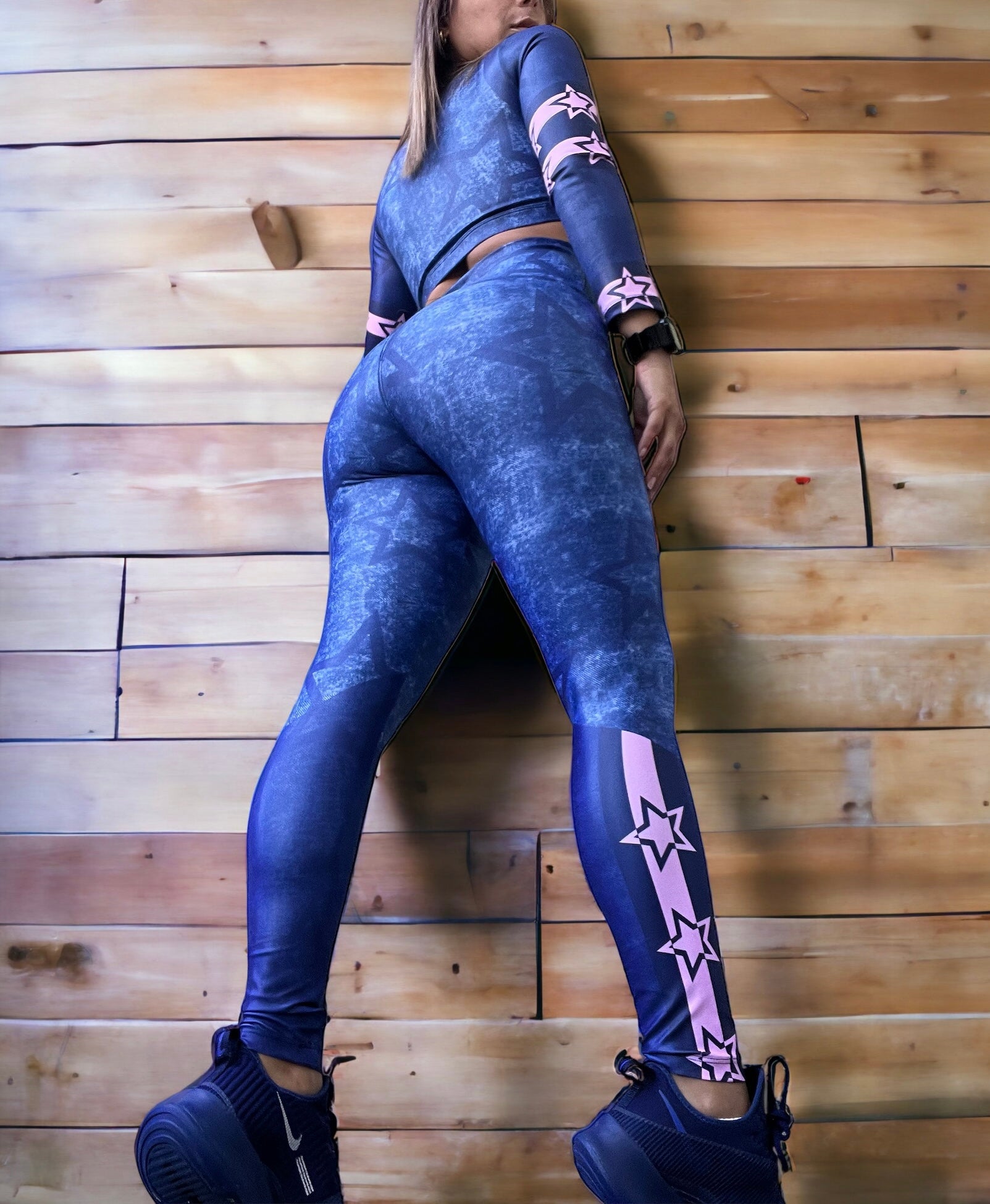 Sport set stars blue effect leather (long sleeve crop top and Legging)