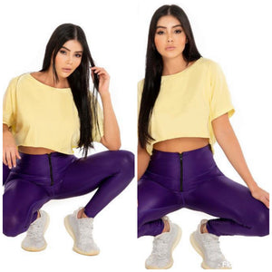 Purple color legginsg effect leather with zipper