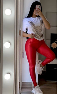 Legginsg red effect leather with zipper