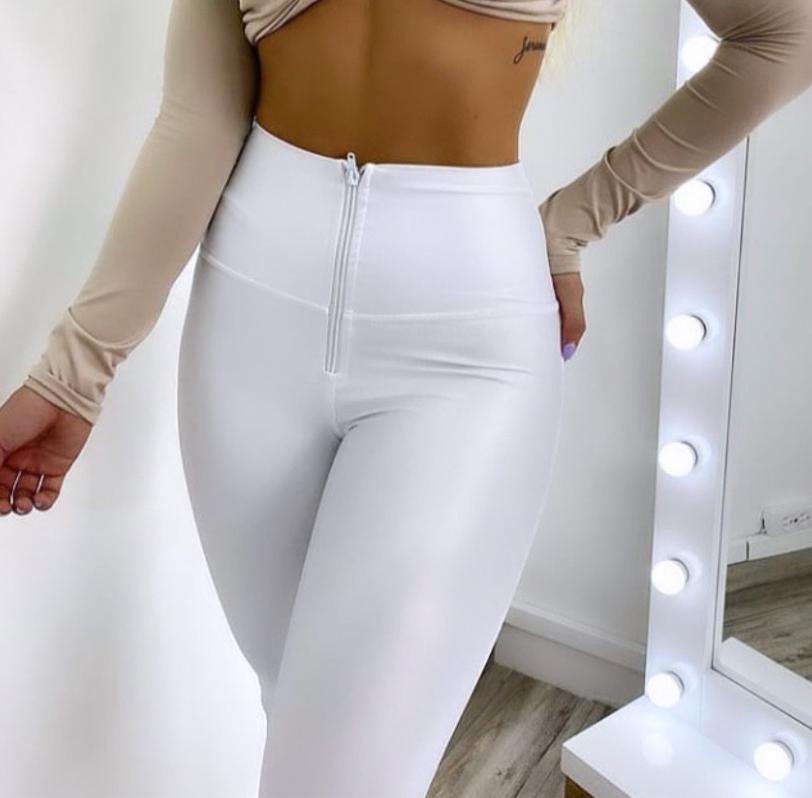 White color leggings effect leather with zipper