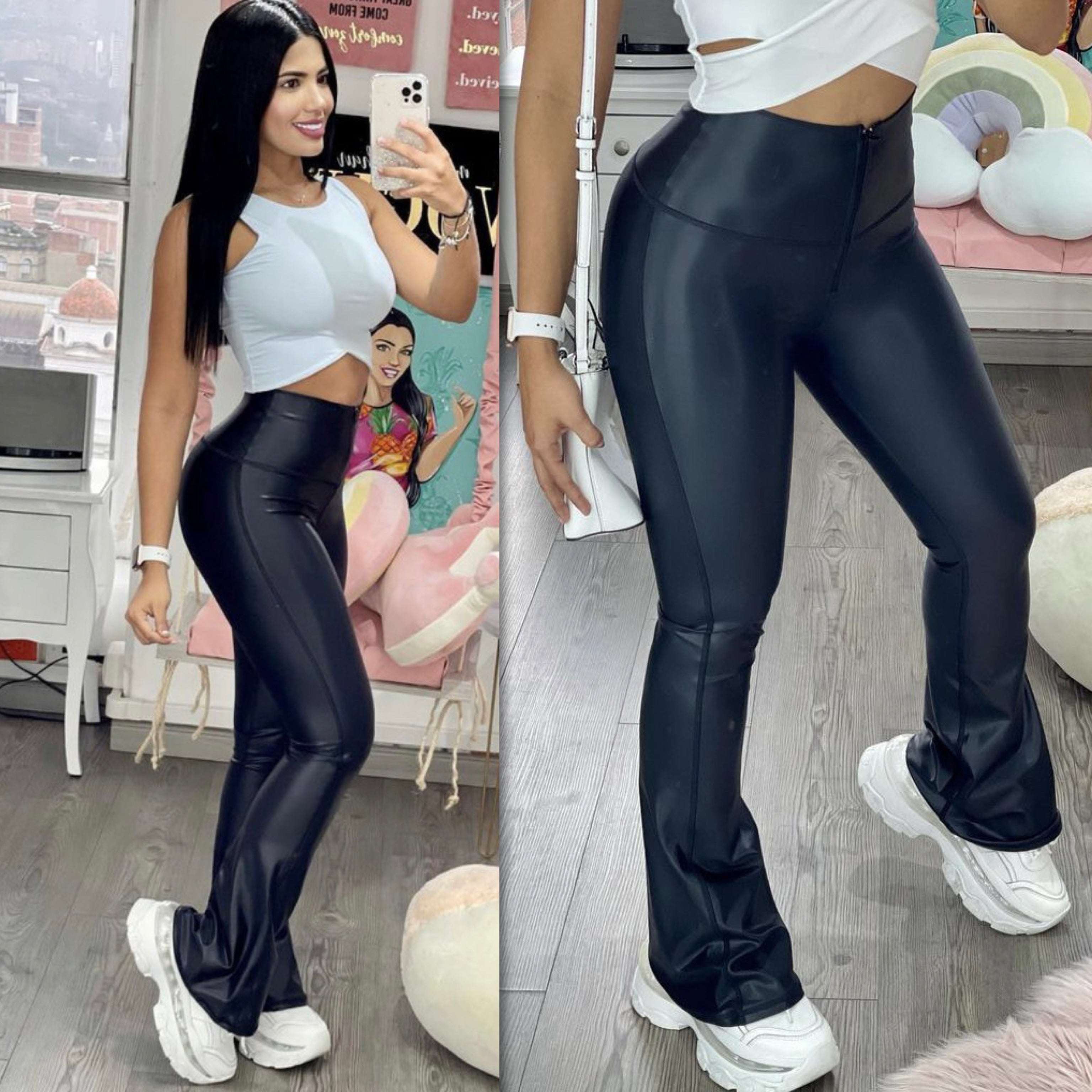 wide boot leather effect leggings with zipper