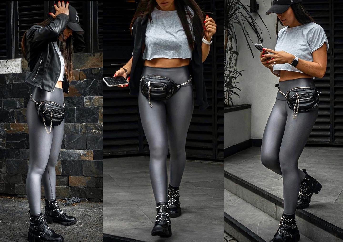 Dark gray leggings effect leather basic