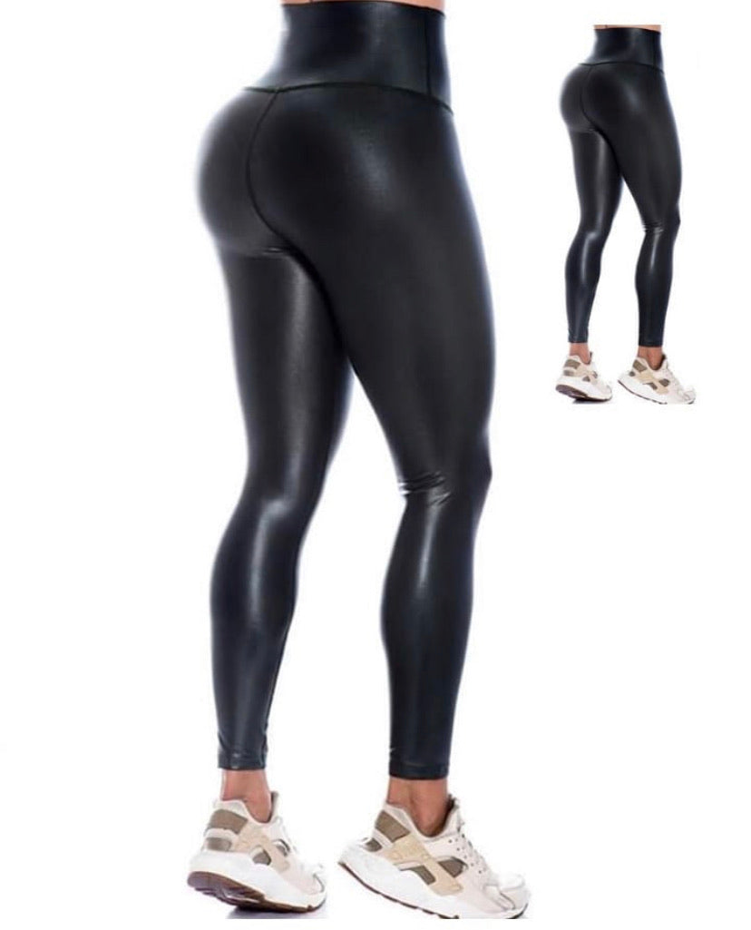 Colombian High Waisted Zipper Glossy Leggings Leather Effect Butt