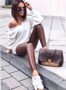 Brown color legging effect leather basic
