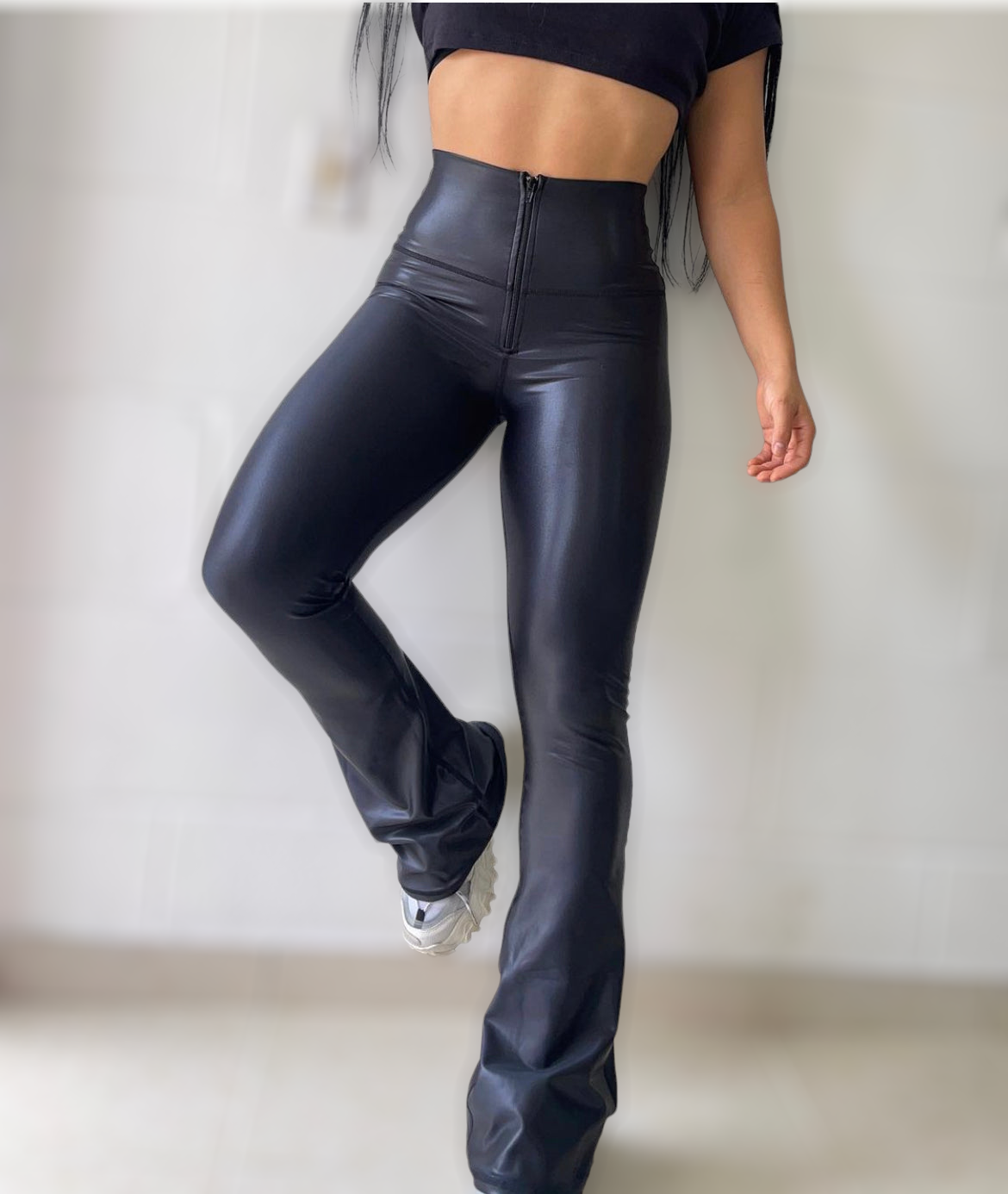 wide boot leather effect leggings with zipper