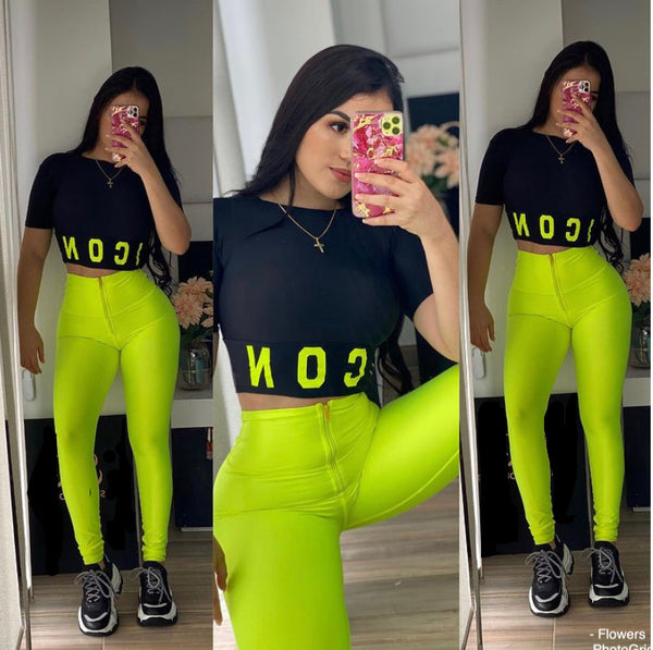 yellow neon color Leggings effect leather