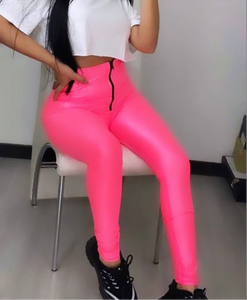 Neón pink leggings effect leather with zipper