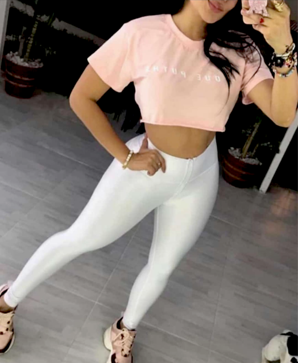 White color leggings effect leather with zipper