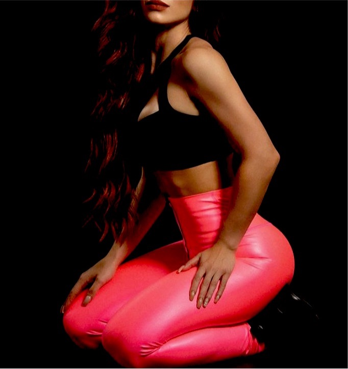 Neón pink leggings effect leather with zipper